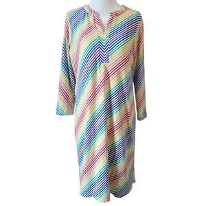 Lands' End Diagonal Rainbow Stripe 3/4 Sleeve V-Neck T-Shirt Dress Size XS